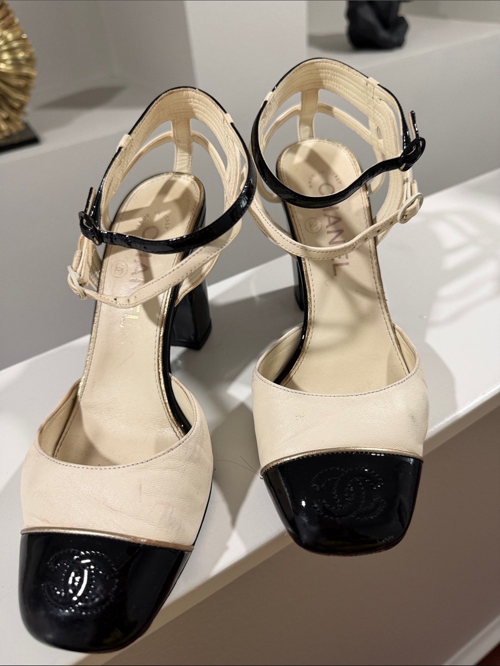 CHANEL Ivory Leather Heels with Black Patent Toe Cap - Picture 3 of 5